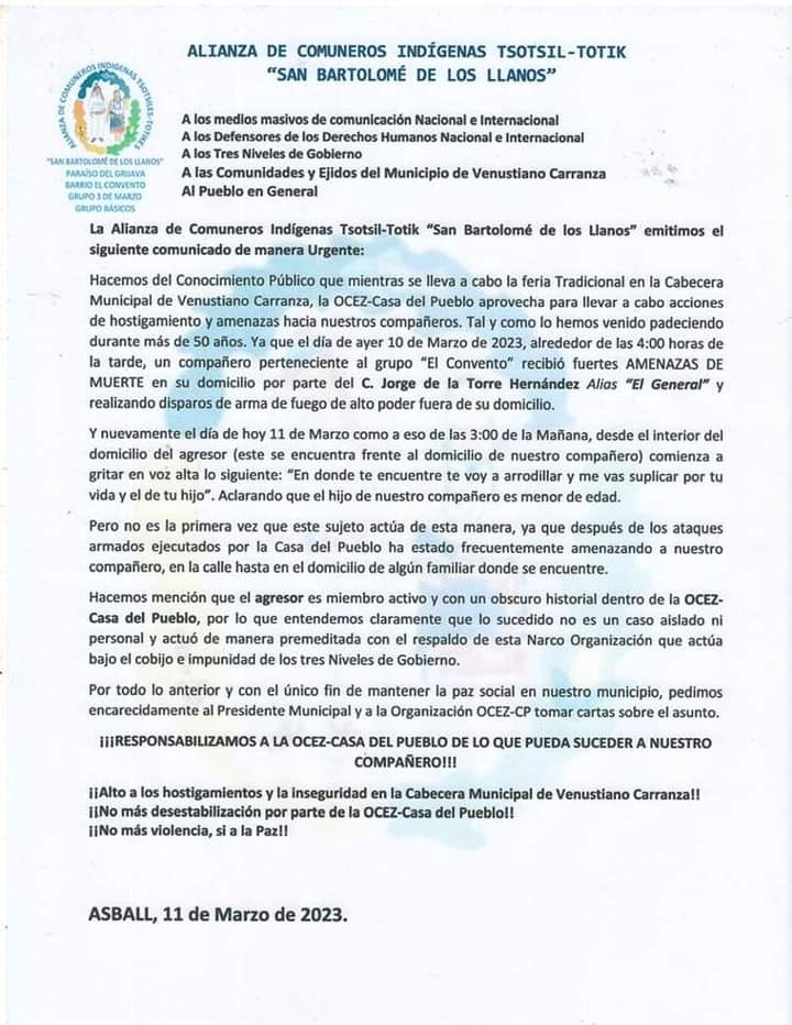 Señalan por amenazas a miembros de la OCEZ-Casa del Pueblo