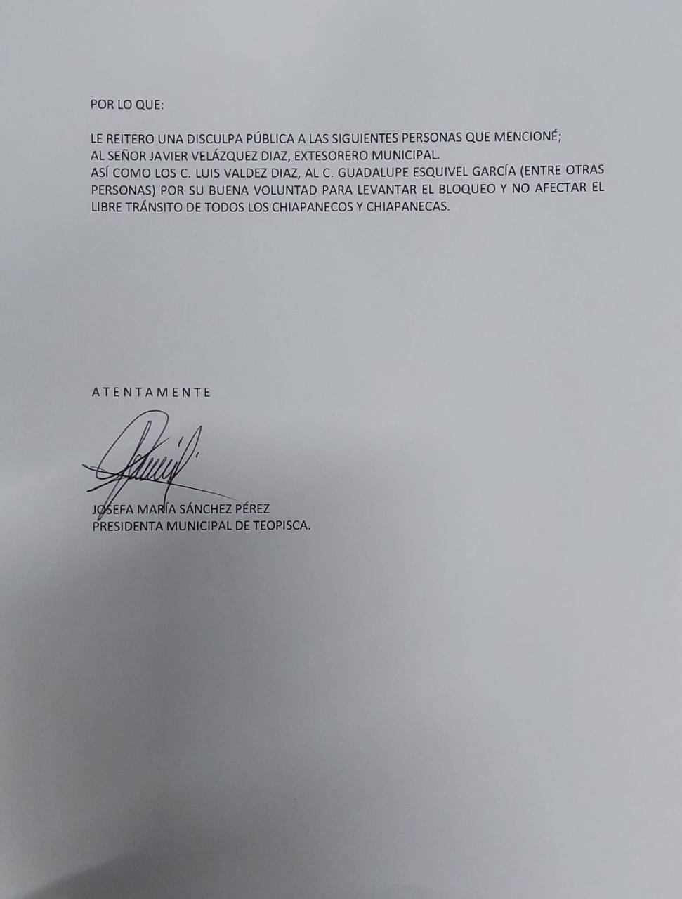 Presidenta de Teopisca pide disculpa pública a Fabiola Ricci