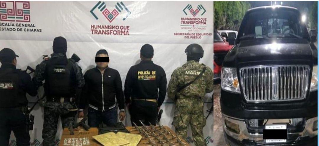 FGE en coordinación con la SSP, SEMAR y FRIP aseguran sustancias ilícitas, armas y un automotor, en Huehuetán