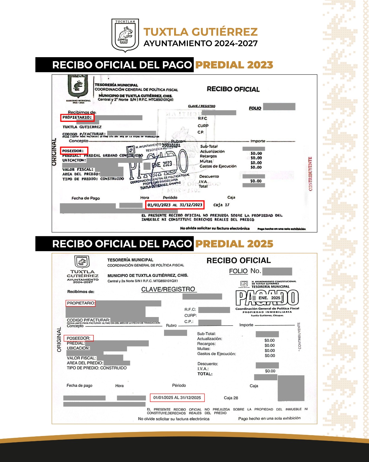 Ayuntamiento de Tuxtla Gutiérrez informa acerca del recibo de pago predial