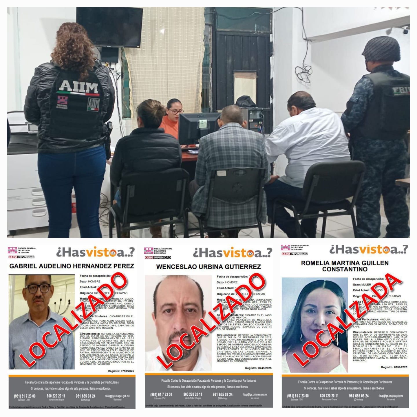 FGE presenta a tres personas con reporte de No Localizado en San Cristóbal de las Casas
